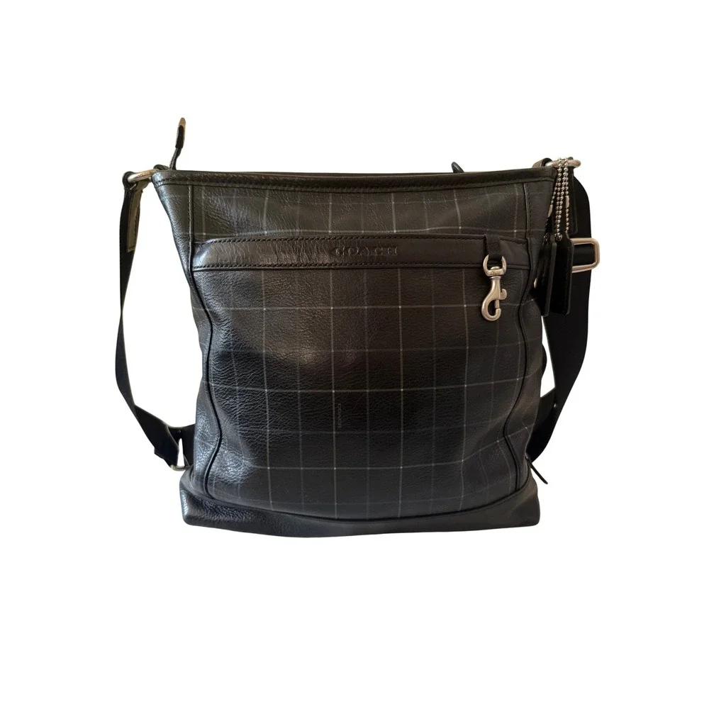 Coach Black Pebbled Leather Grid Print Crossbody Messenger Bag Silver Hardware